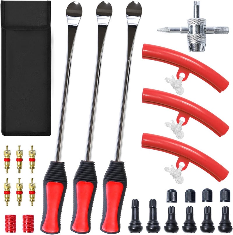 HOOUP 14.6” Dirt Bike Steel Tire Spoons Tool Set for Lawnmower Motorcycle Bicycle ATV Mini Bike Garden Tractor Tires 26pcs Tire Changer Tool with Tire Spoons Rim Protector Valve Stems Cap Cores Red - Image 1